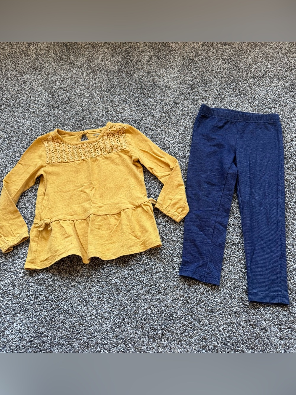 Carter's Girls' Mustard Yellow Crochet Yoke Peplum Top with Jean Leggings